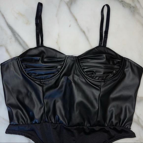 Black Faux Leather Bodysuit - Picture 3 of 11